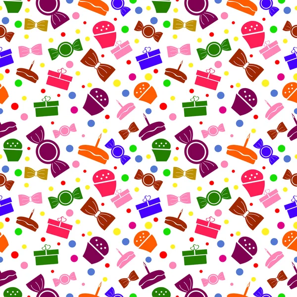 Бесшовный векторный рисунок. Хаотичный яркий фон с красочными сладостями и подарками на белом фоне — стоковый вектор