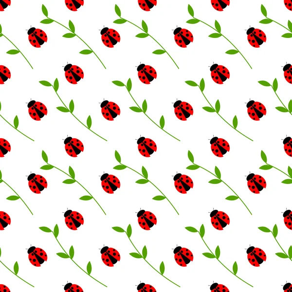 Böcekler, parlak küçük ladybugs ile simetrik arka plan ve beyaz fon yapraklarla dalları ile sorunsuz vektör desen