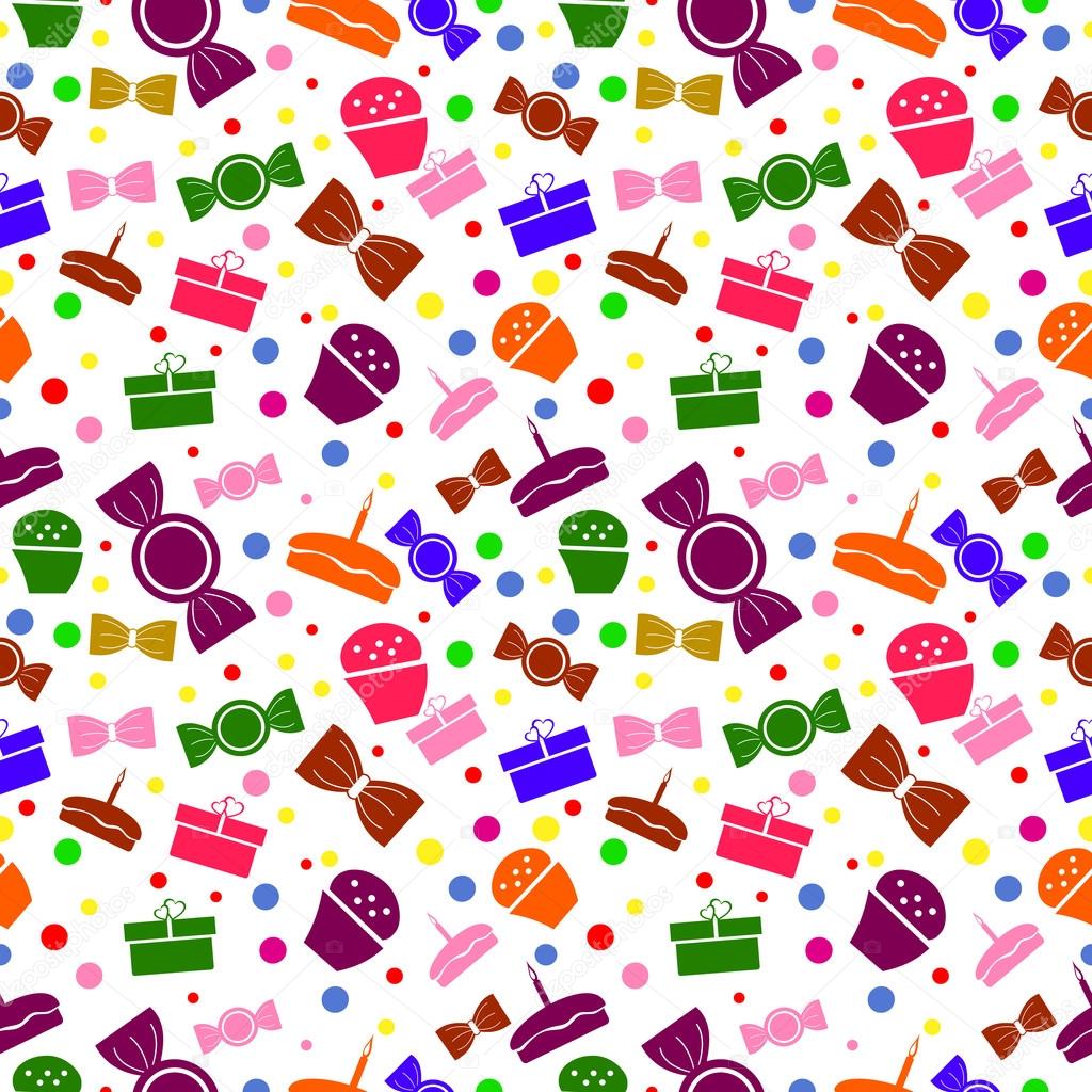 Seamless vector pattern. Chaotic bright background with colorful sweets and gifts on the white backdrop