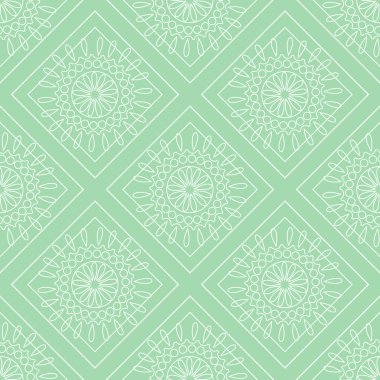 Seamless vector pattern. Symmetrical geometric background with green rhombs and circles. Decorative ornament