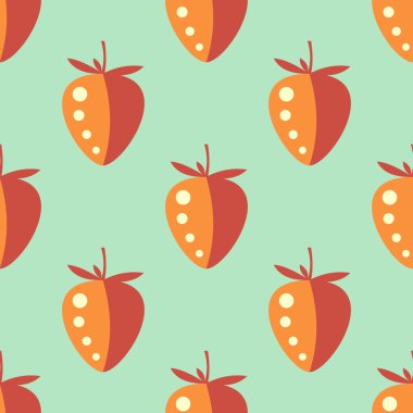 Seamless fruits vector pattern, pastel symmetrical background with closeup strawberries, on the green backdrop