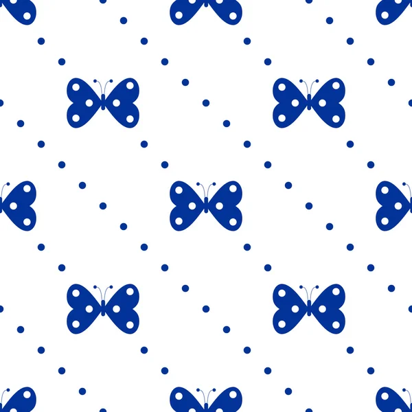 Padrão vetorial sem costura com insetos, fundo simétrico com borboletas azuis e pontos no fundo branco —  Vetores de Stock