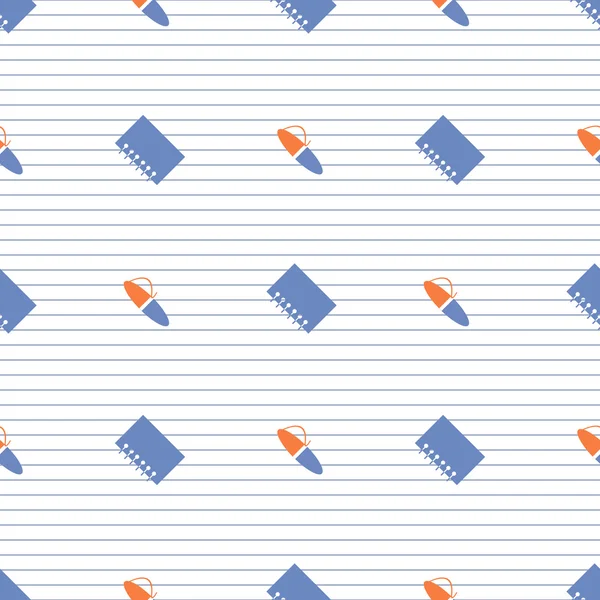 Seamless vector pattern, symmetrical background with colorful  pens and notepads, on the white linear exercise book paper — Stok Vektör