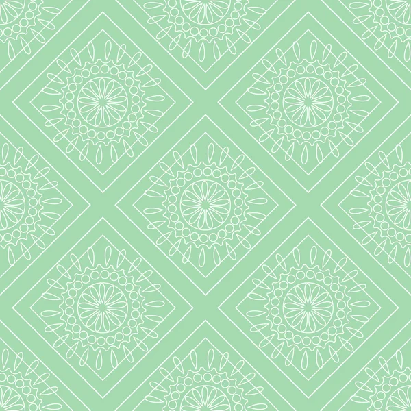 Seamless vector pattern. Symmetrical geometric background with green rhombs and circles. Decorative ornament — 스톡 벡터