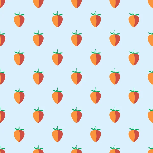 Seamless fruits vector pattern, pastel symmetrical background with strawberries, on the light blue backdrop — Stockvector