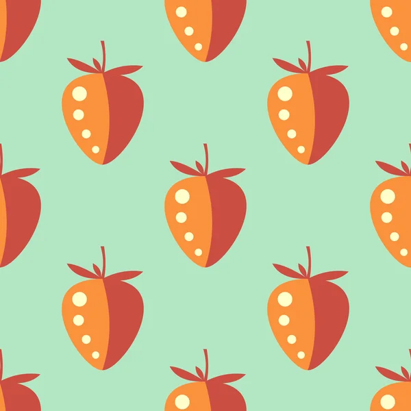 Seamless fruits vector pattern, pastel symmetrical background with closeup strawberries, on the green backdrop — 스톡 벡터