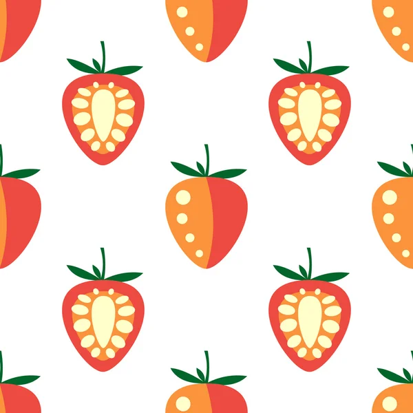 Seamless fruits vector pattern, bright symmetrical background with closeup strawberries, on the white backdrop — ストックベクタ