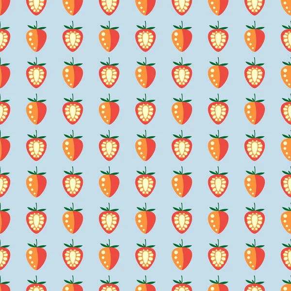 Seamless fruits vector pattern, pastel symmetrical background with strawberries, whole and half, on the blue backdrop — ストックベクタ