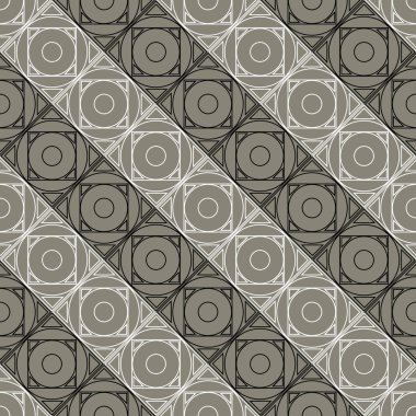 Seamless vector pattern. Symmetrical geometric background with black and white squares on the grey backdrop. Decorative repeating ornament