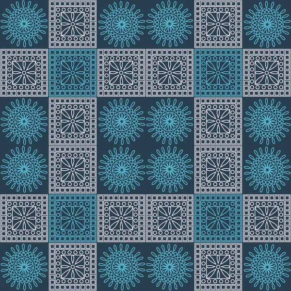 Seamless vector pattern. Symmetrical geometric background with blue and light pink squares and circles on dark blue backdrop. Decorative ornament — Stok Vektör