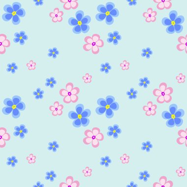 Seamless floral vector pattern. Chaotic background with blue and pink flowers on the blue backdrop