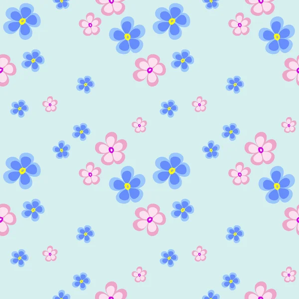 Seamless floral vector pattern. Chaotic background with blue and pink flowers on the blue backdrop — Stockvector