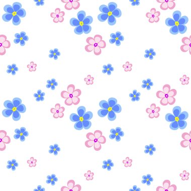 Seamless floral vector pattern. Chaotic background with blue and pink flowers on the white backdrop
