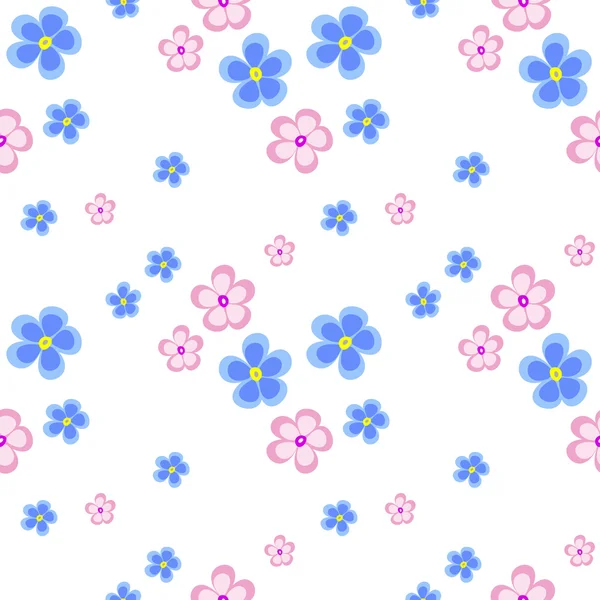 Seamless floral vector pattern. Chaotic background with blue and pink flowers on the white backdrop — 图库矢量图片