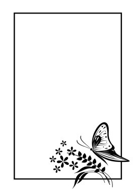 Mektup veya tebrik kartı için vektör boş. Çerçeve, kelebek ve çiçekler ile siyah ve beyaz formu. A4 biçimi.