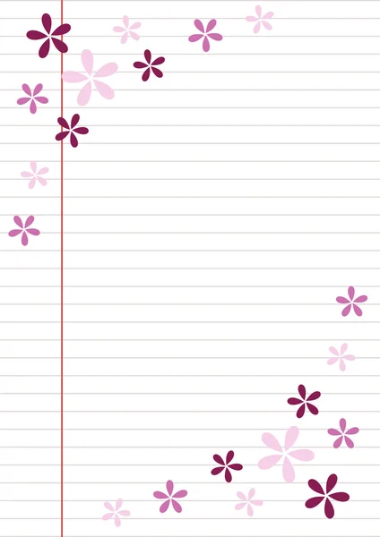 Vector en blanco para carta o tarjeta de felicitación. Papel de cuaderno, forma blanca con líneas, y flores de colores. Tamaño del formato A4 — Archivo Imágenes Vectoriales