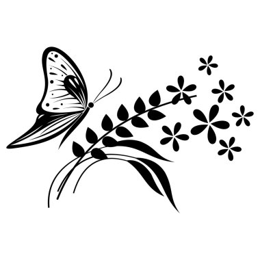 Vector illustration of insect, black and white butterfly, flowers and branches with leaves, isolated on the white background