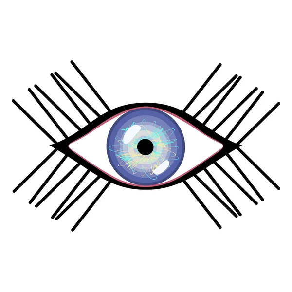 Ilustración vectorial del ojo humano con pestañas. Ojo azul femenino estilizado con reflejos — Archivo Imágenes Vectoriales