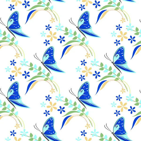 Modèle vectoriel sans couture avec des insectes, fond coloré avec des papillons bleus, fleurs et branches avec des feuilles — Image vectorielle