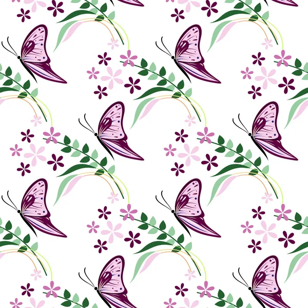 Patrón vectorial sin costuras con insectos, fondo colorido con mariposas violetas, flores y ramas con hojas — Archivo Imágenes Vectoriales