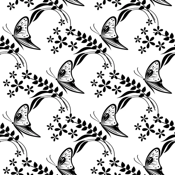 Seamless vector pattern with insects, black and white background with butterflies, flowers and branches with leaves — Stok Vektör