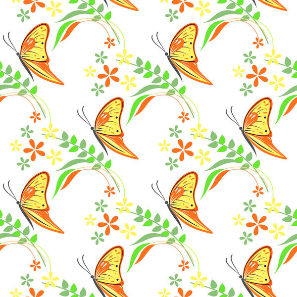 Seamless vector pattern with insects, colorful background with violet butterflies, flowers and branches with leaves