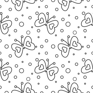 Böcekler, siyah ve beyaz arka plan kelebekler ve noktalar ile sorunsuz vektör desen