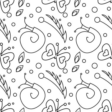 Seamless vector pattern with insects, black and white background with snails, butterflies and dots