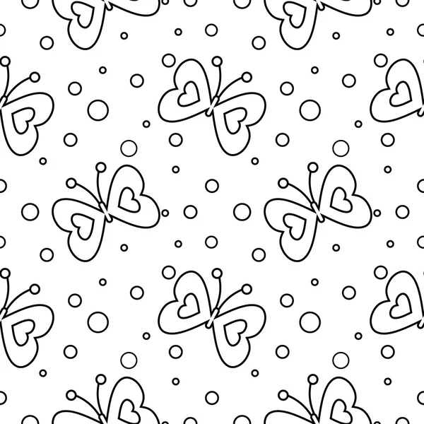 Modèle vectoriel sans couture avec insectes, fond noir et blanc avec papillons et points — Image vectorielle