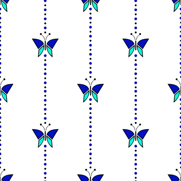 Bezešvá vektorová vzorek s hmyzem, symetrické geometrické modré pozadí s motýly. Dekorativní opakující ornament — Stockový vektor