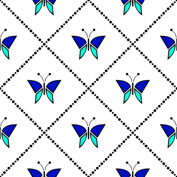 Patrón vectorial sin costuras con insectos, fondo azul geométrico simétrico con mariposas. Adorno decorativo repetitivo — Archivo Imágenes Vectoriales