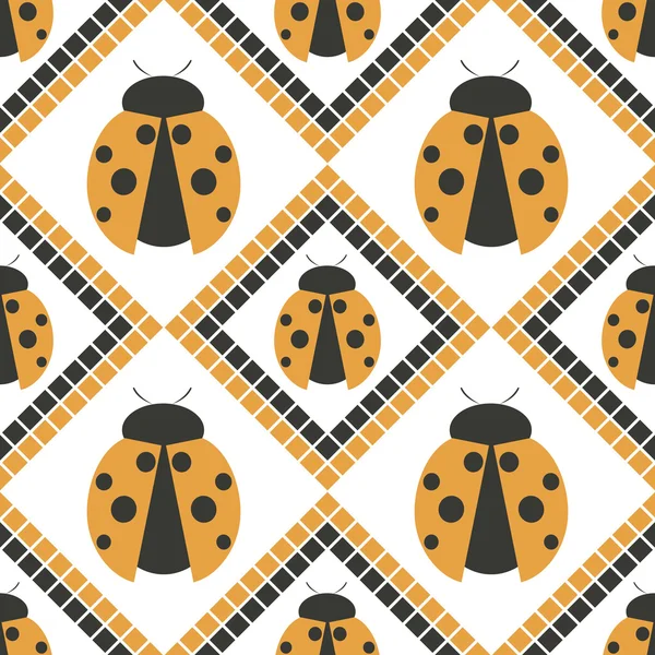 Seamless vector pattern with insects, symmetrical geometric orange background with ladybugs. Decorative repeating ornament — Stok Vektör
