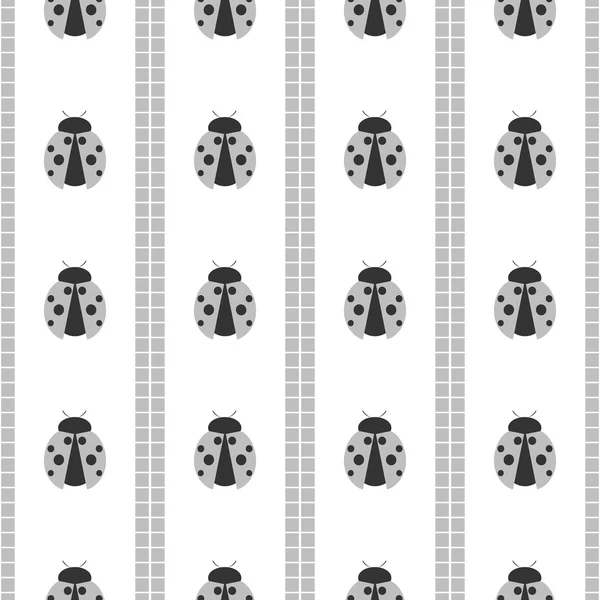 Nahtloses Vektormuster mit Insekten, symmetrischer geometrischer grauer Hintergrund mit Marienkäfern. dekoratives wiederholtes Ornament — Stockvektor