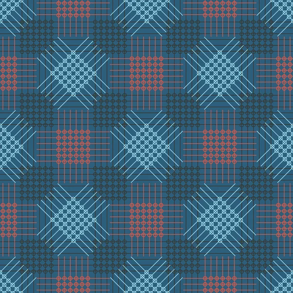 Modèle vectoriel sans couture. Fond géométrique symétrique bleu et rouge avec losange, carrés et lignes. Ornement décoratif répétitif — Image vectorielle