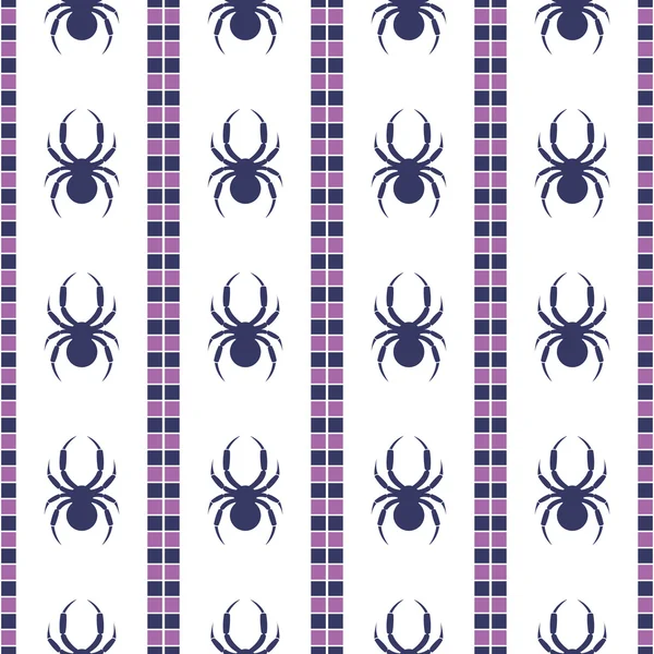 Seamless vector pattern with insects, symmetrical geometric blue and violet background with spiders. Decorative repeating ornament — Stock Vector