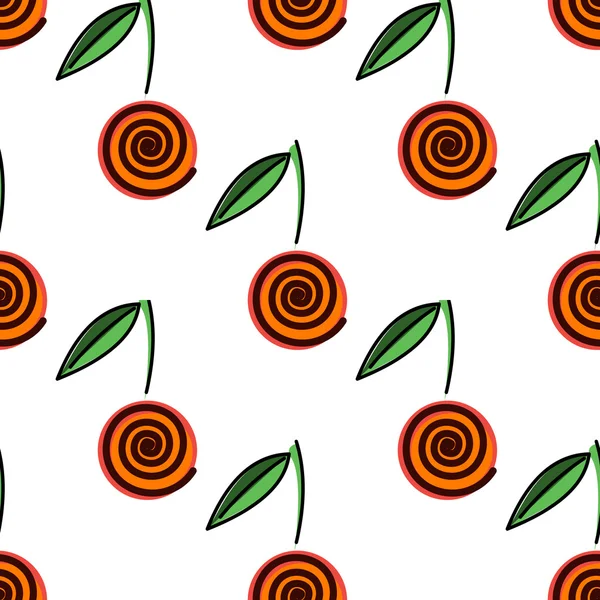 Patrón vectorial sin costuras, fondo de frutas brillantes con cereza decorativa, sobre el fondo blanco . — Archivo Imágenes Vectoriales