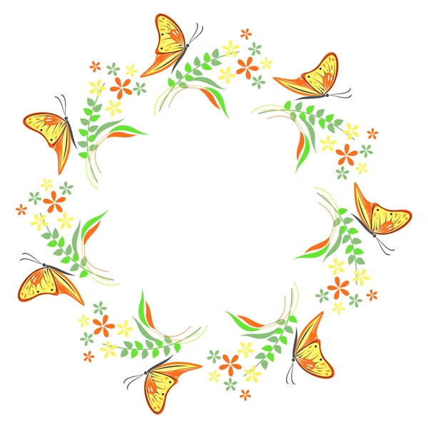 Marco floral con insectos. Flores coloridas, hojas y mariposas dispuestas en forma de círculo. Diseño vectorial . — Archivo Imágenes Vectoriales