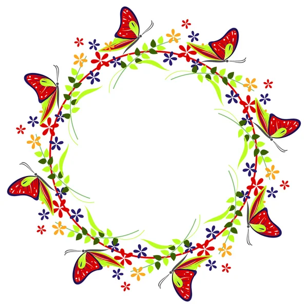 Marco floral con insectos. Flor colorida, hojas y mariposas dispuestas en forma de círculo . — Archivo Imágenes Vectoriales