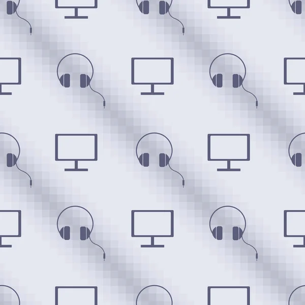 Naadloos vector patroon, blauwe symmetrische achtergrond met PC-monitoren en hoofdtelefoon. — Stockvector
