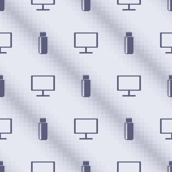 Naadloos vector patroon, blauwe symmetrische achtergrond met Flash drives en pc-monitoren. — Stockvector