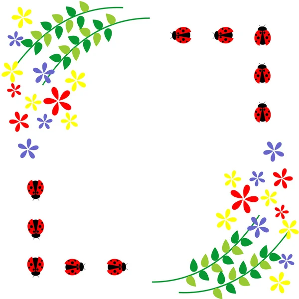 Tarjeta floral. Flores coloridas, hojas y mariquitas. Diseño vectorial. Serie de cartas, en blanco y formas — Archivo Imágenes Vectoriales