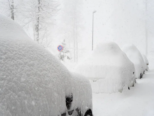 Bilar tungt täckta med snö parkeras utomhus på en dimmig dag under ett snöfall — Stockfoto