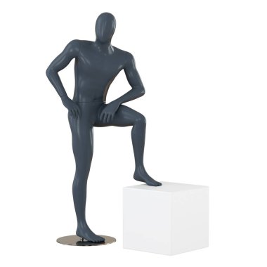 Erkek manken ayağını beyaz bir arka plana karşı beyaz bir küpün üzerine koydu. 3d oluşturma