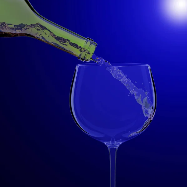 Aus der grünen Flasche gießt Wein in ein Glas auf blauem Abendgrund. 3D-Darstellung — Stockfoto