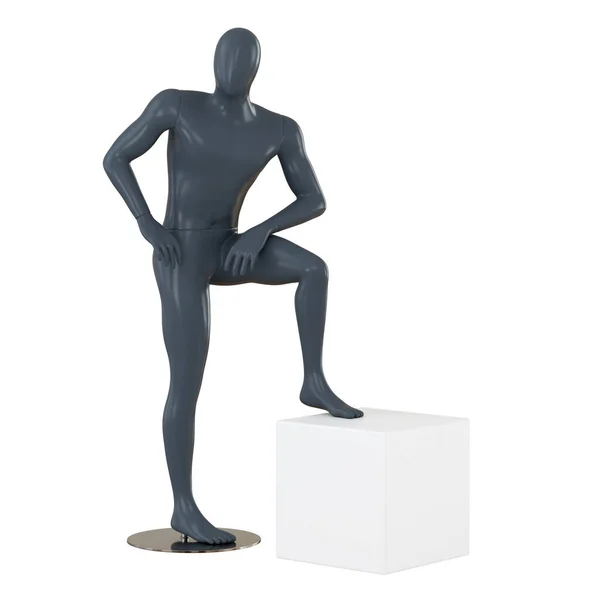 Mužská figurína položila nohu na bílou kostku na bílém pozadí. 3D vykreslování — Stock fotografie
