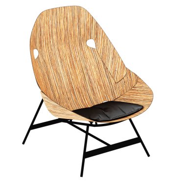 İnce ahşaptan yapılmış bir sandalye ve beyaz arka plandaki koltuğun üzerinde siyah bir yastık. 3d oluşturma