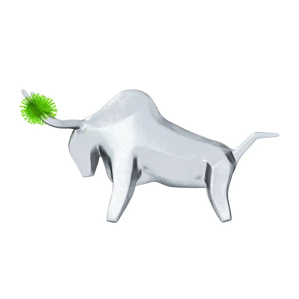 Il Toro di Ferro trafigge il Coronavirus con corna vista laterale. Simbolo del 2021. Rendering 3D — Foto Stock