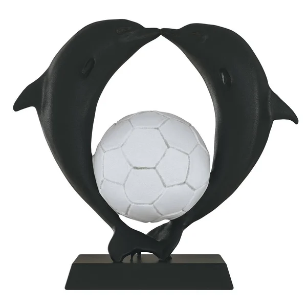 Estatuilla de dos delfines negros con una pelota de fútbol blanco entre ellos sobre un fondo aislado. renderizado 3d —  Fotos de Stock