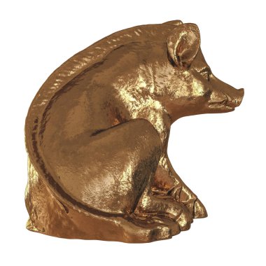 İzole edilmiş arka planda altın bir domuz figürü. Profil görünümü. 3d oluşturma
