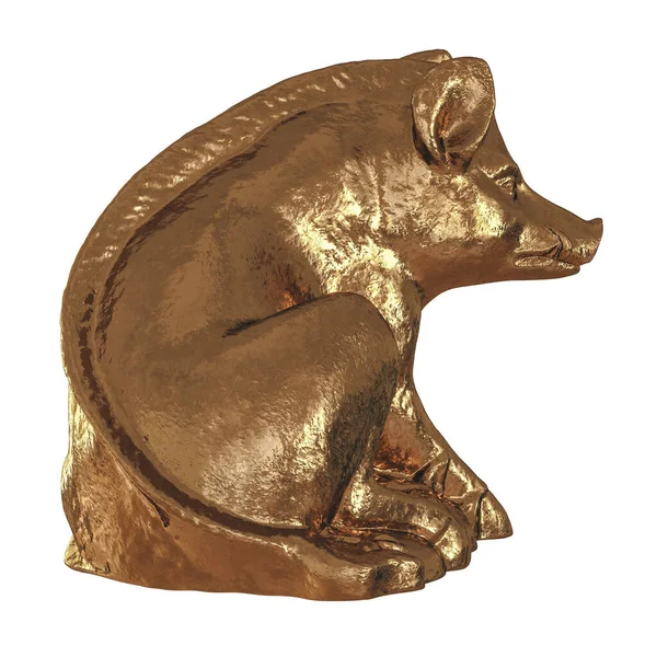 İzole edilmiş arka planda altın bir domuz figürü. Profil görünümü. 3d oluşturma